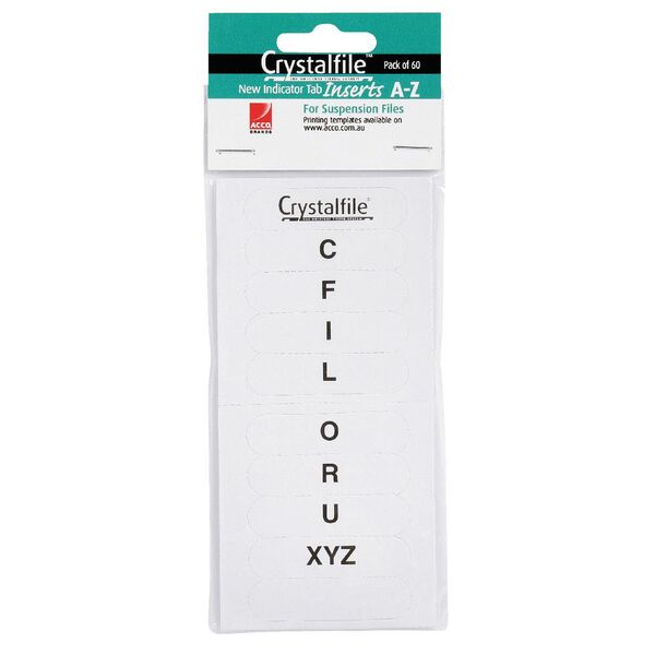 Crystalfile Indicator Tab Inserts A-Z White 60 Pack