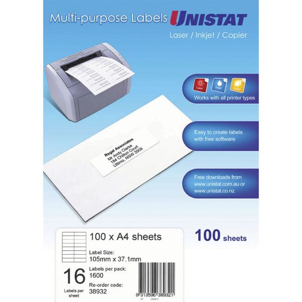 Unistat 16UP Inkjet Laser Labels 100 Sheets