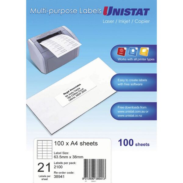 Unistat 21UP Inkjet Laser Labels 100 Sheets