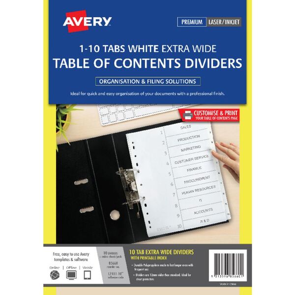 Avery A4 Extra Wide Polypropylene Divider 1-10 Tab White