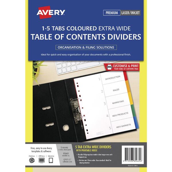 Avery Coloured A4 Dividers 5 Tab Extra Wide