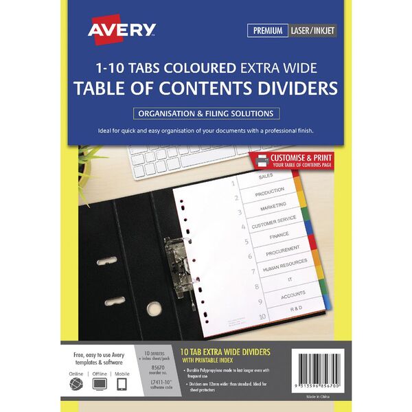 Avery Coloured A4 Dividers 10 Tab Extra Wide