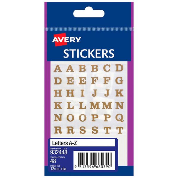 Avery Multi-Purpose Stickers A-Z Gold on Transparent 48 Pack