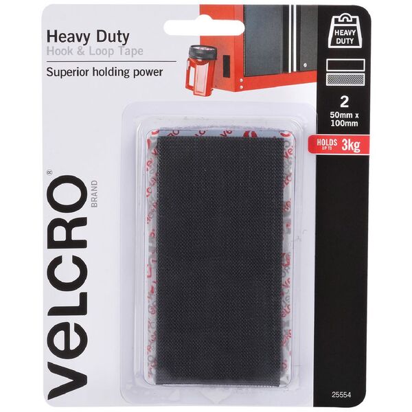 VELCRO Brand Heavy Duty Hook and Loop Strip 50 x 100mm 2 Pack