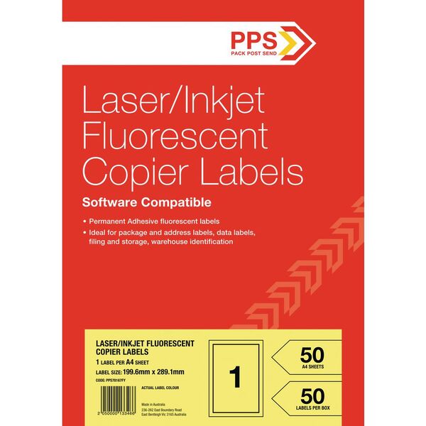 PPS 1UP Inkjet Laser Fluoro Yellow Labels 50 Sheets