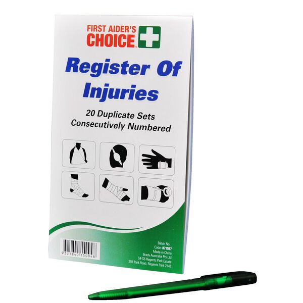 First Aiders Choice Register of Injuries with Pencil