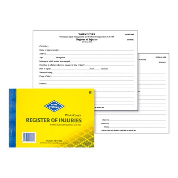Zions Work Cover Register of Injuries NSW Book