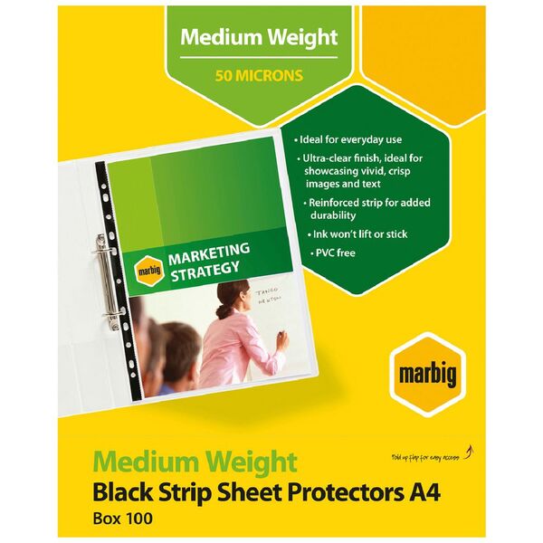 Marbig A4 Medium Weight Sheet Protectors Black Edge 100 Pack