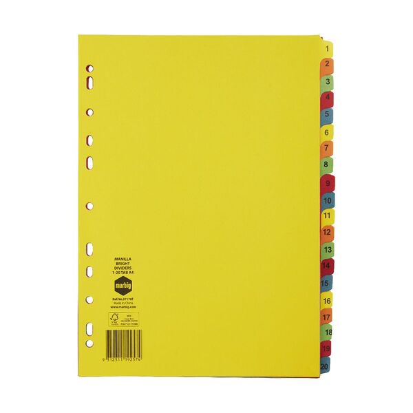 Marbig A4 1-20 Dividers Bright Colours