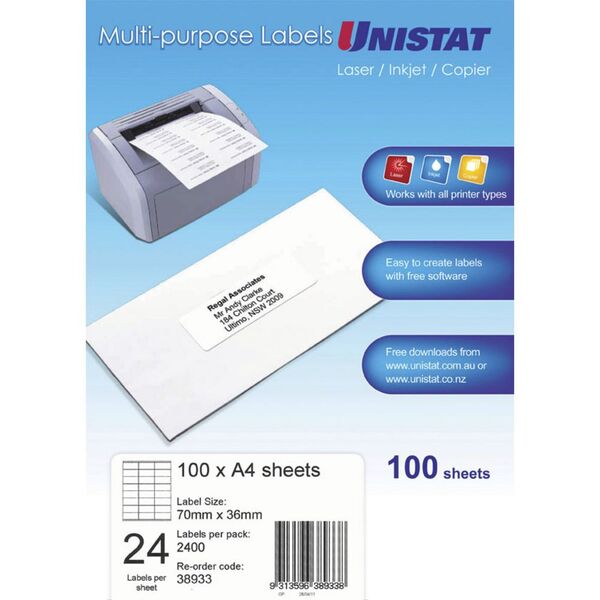 Unistat 24UP Inkjet Laser Labels 100 Sheets