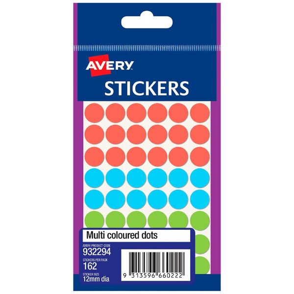Avery Stickers Multi Coloured Dots 12mm 162 Pack