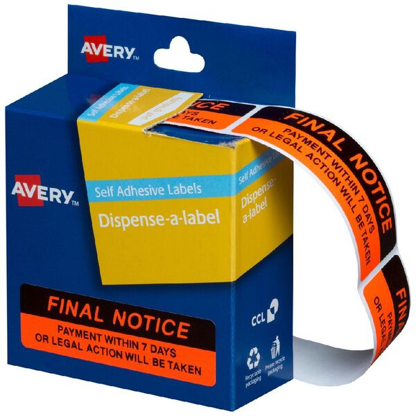 Avery Pre Printed Dispenser Labels Final Notice 125 Pack