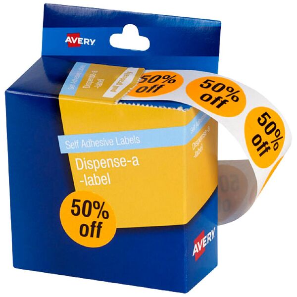 Avery Pre-printed Dispenser Label '50% Off' 24mm 500 Pack