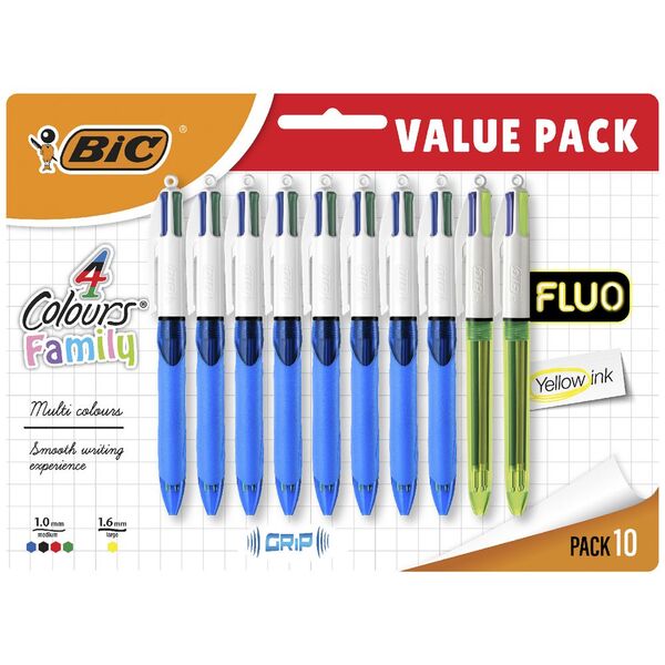 BIC 4-Colour Grip Fluoro Ballpoint Pens Assorted 10 Pack
