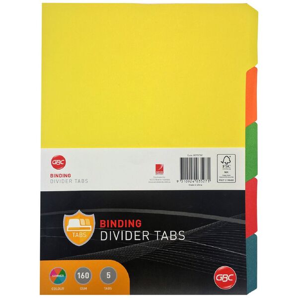 GBC A4 5 Tab Dividers Assorted