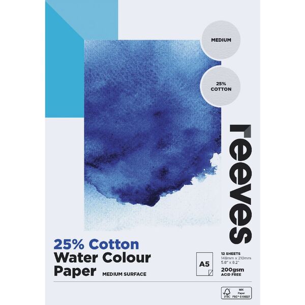 Reeves 25% Cotton Watercolour Pad 200gsm 12 Sheets A5