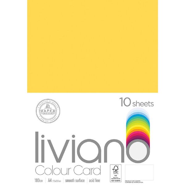 Liviano A4 Colour Card 180gsm Lemon 10 Pack