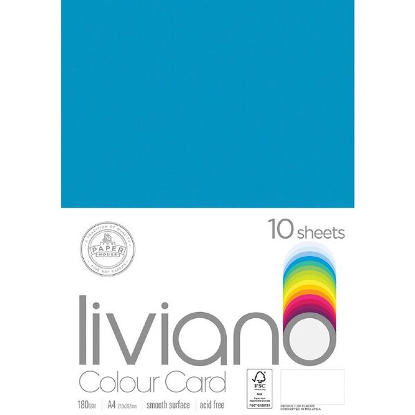 Liviano A4 Colour Card 180gsm Turquoise 10 Pack