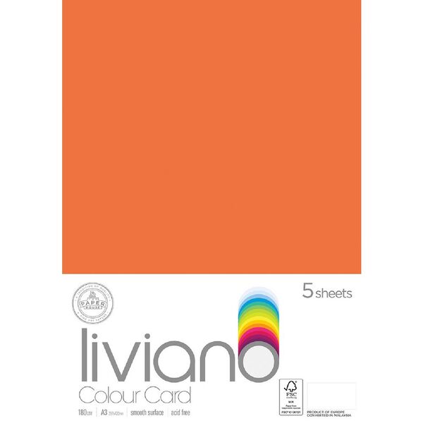 Liviano A3 Colour Card 180gsm Orange 5 Pack