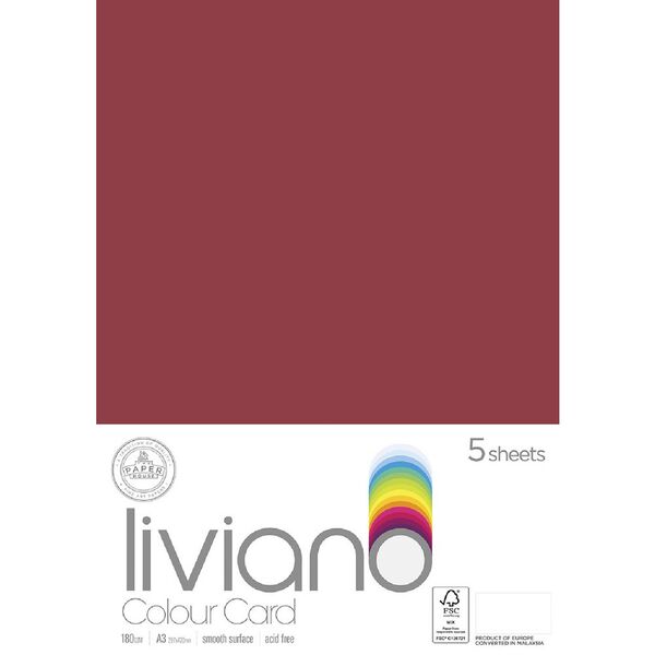 Liviano A3 Colour Card 180gsm Red 5 Pack