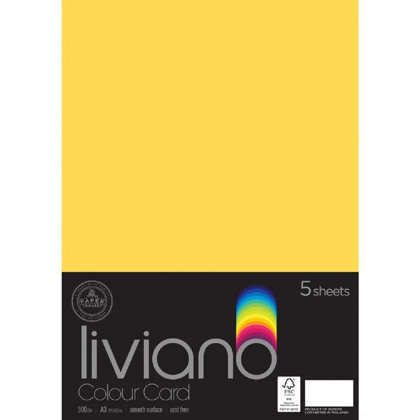 Liviano A3 Colour Card 300gsm Lemon 5 Pack