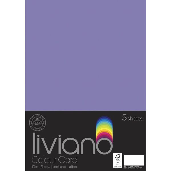 Liviano A3 Colour Card 300gsm Purple 5 Pack