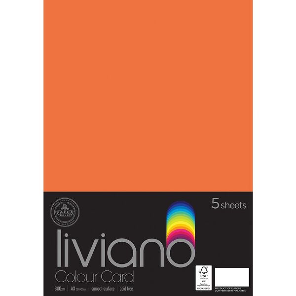 Liviano A3 Colour Card 300gsm Orange 5 Pack