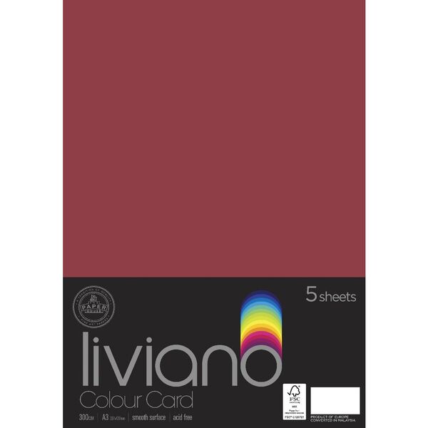 Liviano A3 Colour Card 300gsm Red 5 Pack