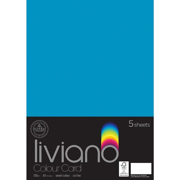 Liviano A3 Colour Card 300gsm Turquoise 5 Pack