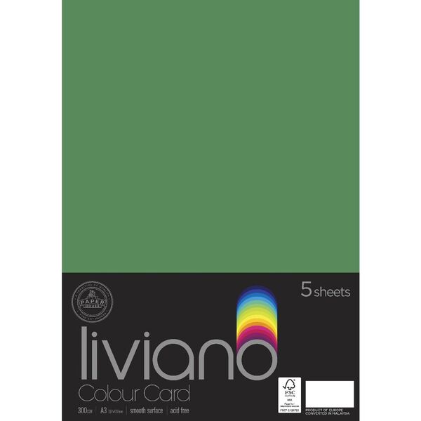 Liviano A3 Colour Card 300gsm Green 5 Pack