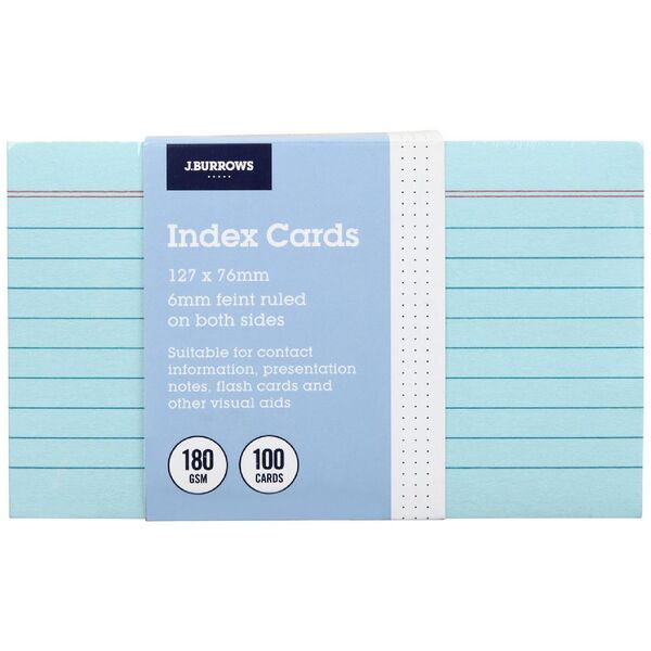 J.Burrows Index Cards Ruled 127 x 76mm Blue 100 Pack