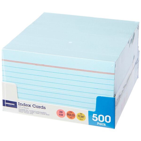 J.Burrows Index Cards Ruled 127 x 76mm Blue 500 Pack