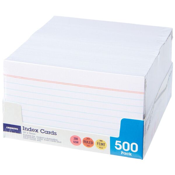 J.Burrows Index Cards Ruled 127 x 76mm White 500 Pack