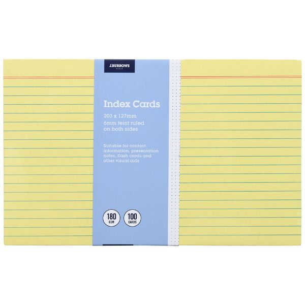 J.Burrows Index Cards Ruled 203 x 127mm Yellow 100 Pack