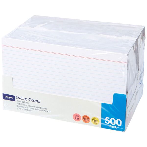 J.Burrows Index Cards Ruled 203 x 127mm White 500 Pack