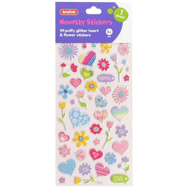 Kadink Puffy Sticker Glitter Sheet Heart & Flower Design