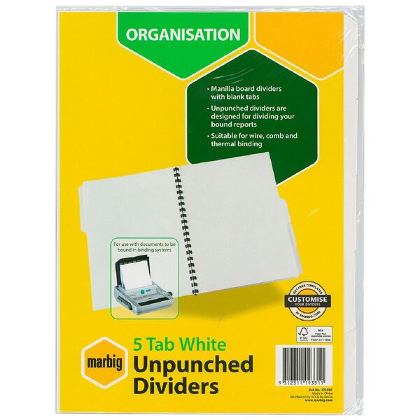 Marbig 5 Tab Unpunched Manila Dividers White