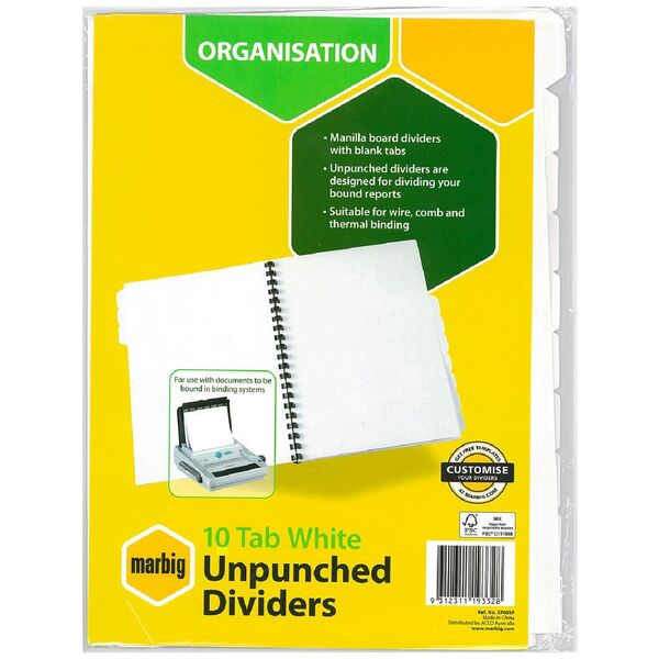 Marbig 10 Tab Unpunched Manila Dividers White