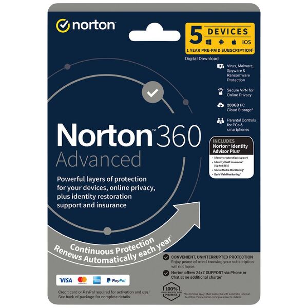 Norton 360 Advanced 5 Devices 1 Year ESD