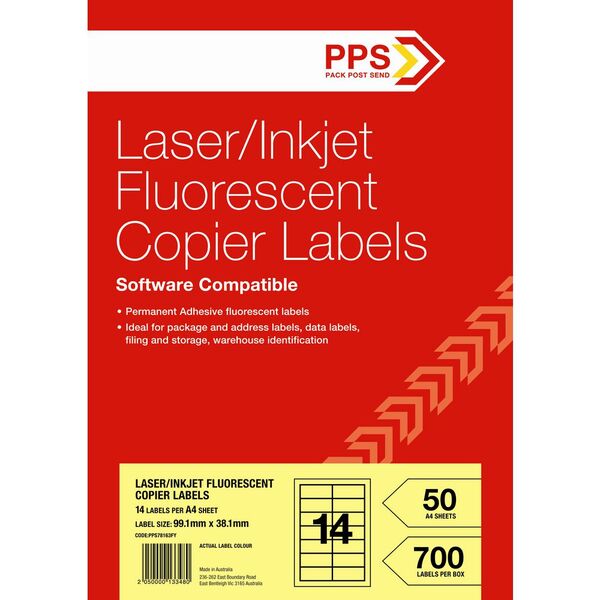 PPS 14UP Inkjet Laser Fluoro Yellow Labels 50 Sheets