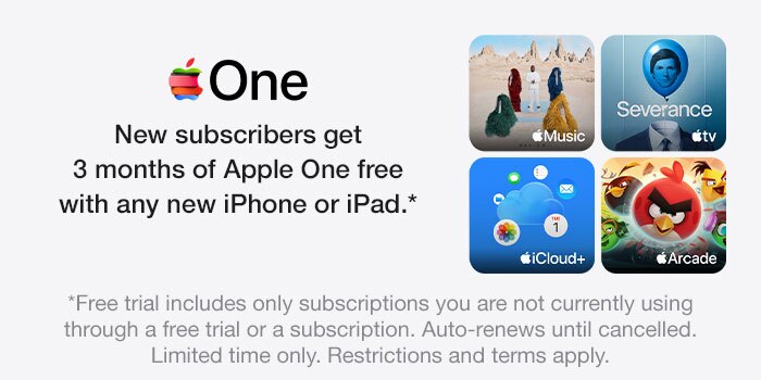 Apple One. New subscribers get 3 months of Apple One free with any new iPhone or iPad. Free trial includes only subscriptions you are not currently using through a free trial or a subscription. Auto-renews until cancelled. Limited time only. Restrictions and terms apply.