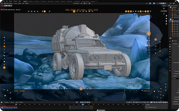 3D render of a vehicle model displayed in a digital environment with rocky textures and a blue hue.