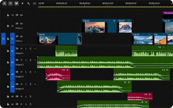 A screenshot of a video editing timeline displaying multiple video and audio tracks, with clips arranged in various sections.
