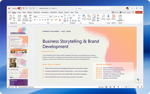 A screenshot of a course syllabus titled "Business Storytelling & Brand Development" for Fall 2020, displayed in a presentation software. The document includes sections such as "What You will Learn" and "Course Roadmap."