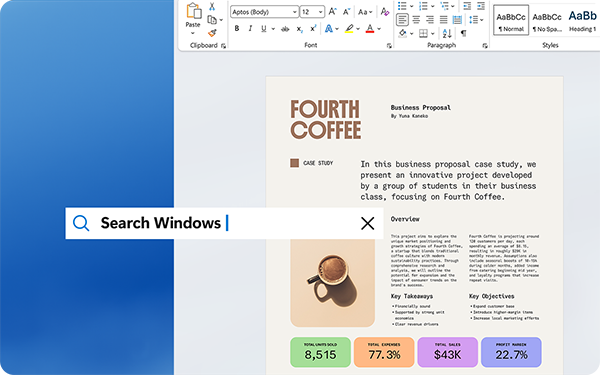 A screenshot showing a document titled "Fourth Coffee Business Proposal" alongside a search bar labeled "Search Windows." The document contains text and graphical elements, including a coffee cup illustration and data metrics below.