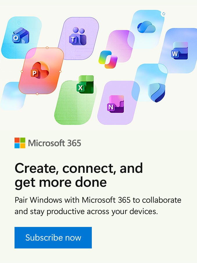 Microsoft 365. Create, connect, and get more done. Pair Windows with Microsoft 365 to collaborate and stay productive across your devices. Click to subscribe now.