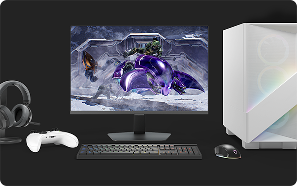 A gaming setup featuring a monitor displaying a video game scene, a gaming keyboard, a mouse, a gaming headset, and a white computer case.