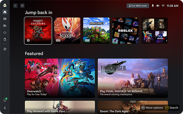 A gaming interface displaying featured games and options to jump back in, including titles like 'Assassins Shadows,' 'Silksong,' 'Minecraft,' 'Roblox,' and 'Overwatch,' along with a promotional section for 'Final Fantasy VII Remake' and 'Doom: The Dark Ages.'