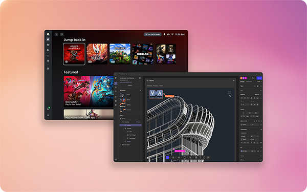 An image showing two computer screens: the first screen displays a gaming platform interface with various game icons, and the second screen shows a design software interface featuring architectural graphics. The background is a gradient of colors.