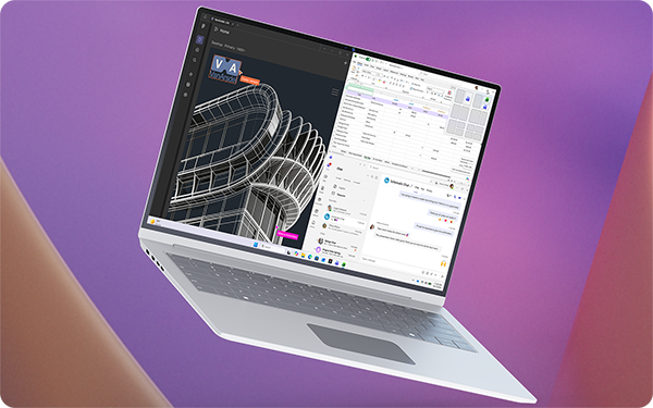 A laptop displaying architectural software with a stylized building design on the screen, floating against a gradient background.